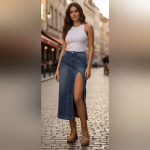 True Religion Blue Denim Maxi Skirt, New without tags. Slit on left leg